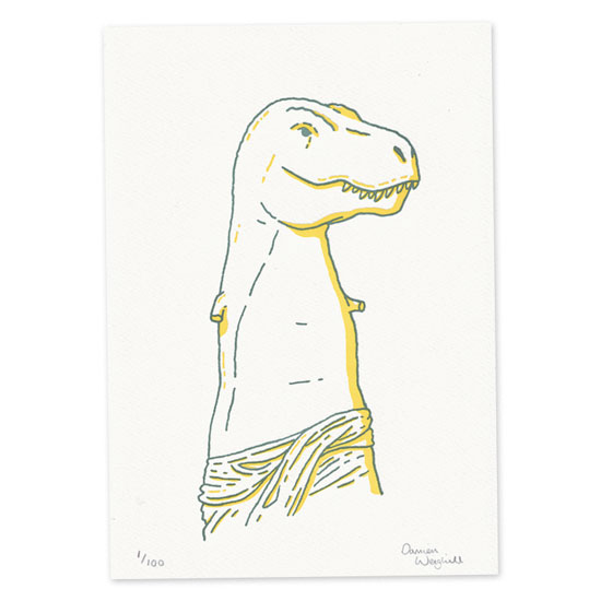 An A4 illustrated Letterpress print of a Dinosaur version of the Venus De Milo