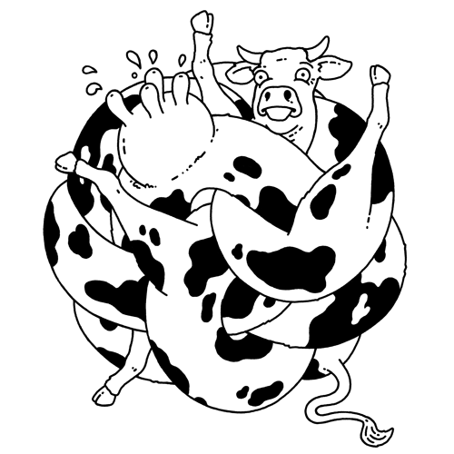 Illustration of a cow stretched and twisted up into a ball